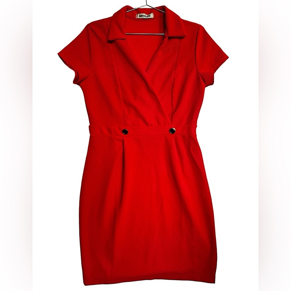 Red Dress Textured Surplice Faux Wrap Buttons Office Siren ModCloth Mystic